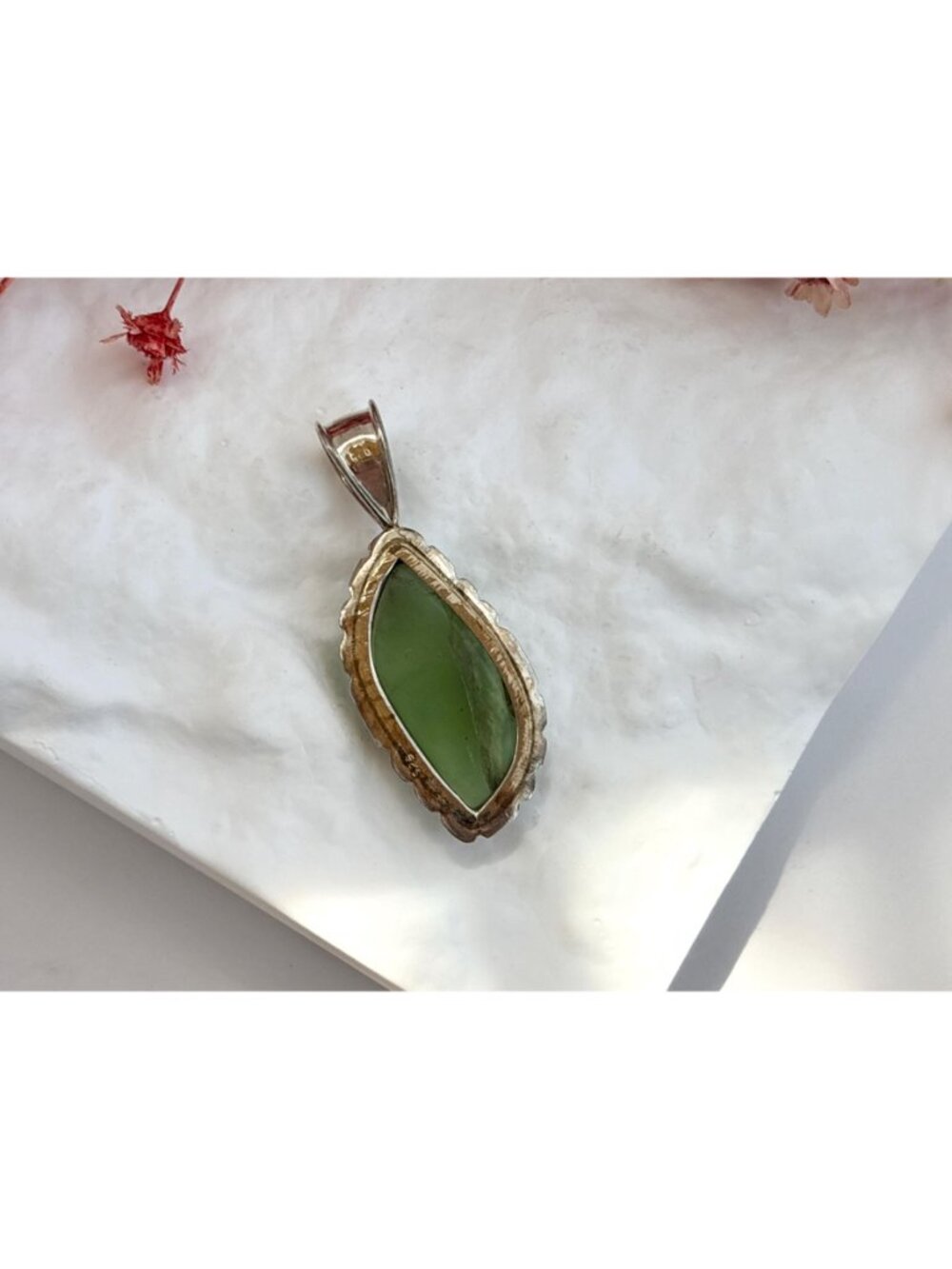 Natural Green Nephrite Gemstone Jumbo Sterling Silver Vintage 925 Pendant - Picture 3 of 11
